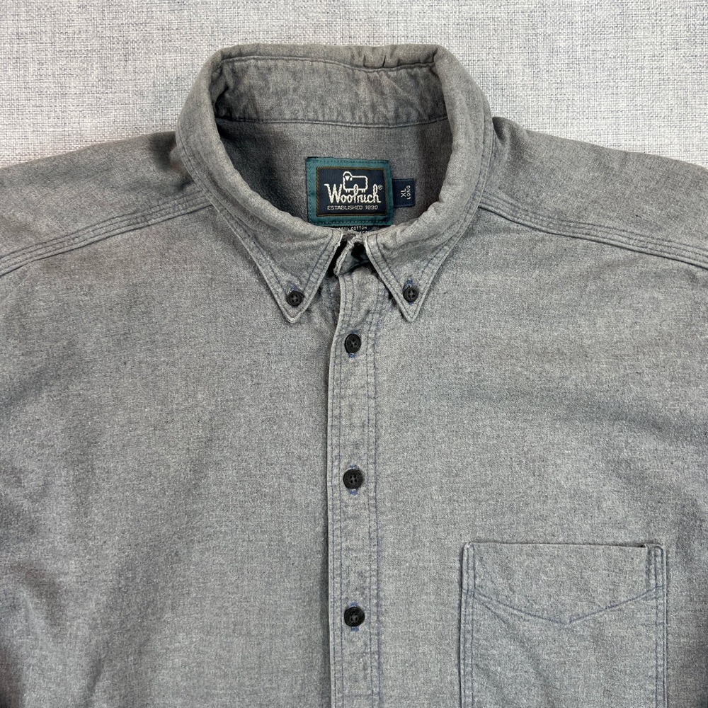 VTG 90s Woolrich Button‎ Down Flannel Work Shirt Men XL Long Gray USA Workwear